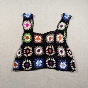 WOMEN'S KNIT TOP LARGE BLACK COTTAGECORE COLORFUL BOHO CROP TOP